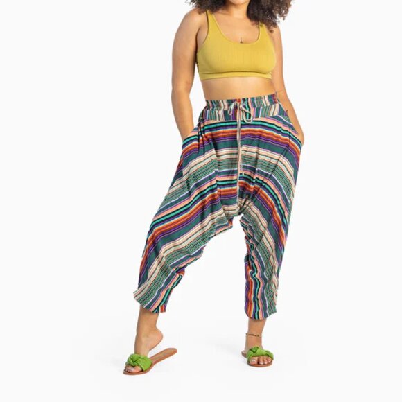 Buddha Pants Unisex Drawstring Boho Hippie Stripe Savannah Harem Pants Green - Picture 2 of 15